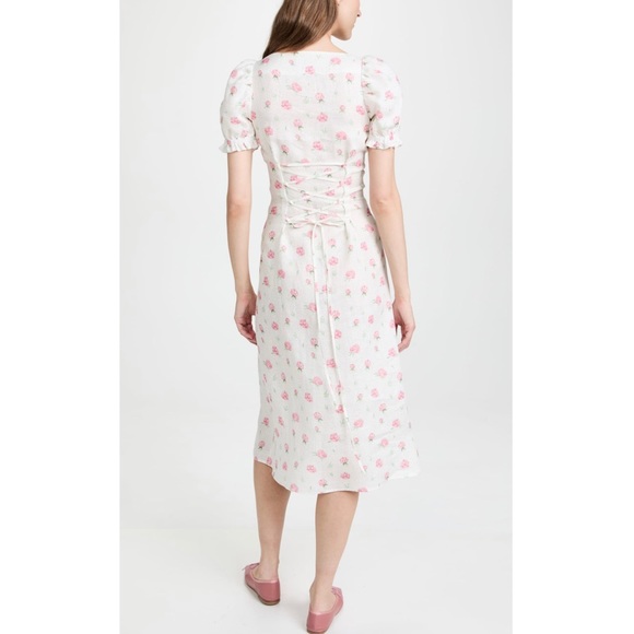 SLEEPER Marquise Linen Dress in Roses Pink White Lace Front Puff Sleeve L - Picture 2 of 9